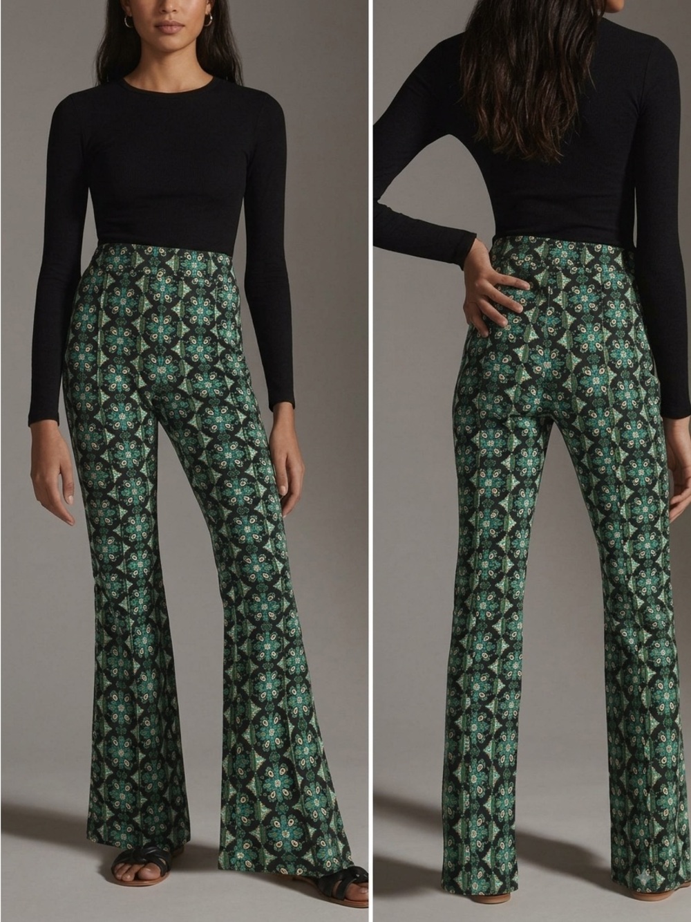 Maeve by Anthropologie The Sabine Printed Flare Pants Green Mosaic Size Small